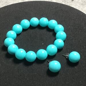 Sleeping Beauty Color Shell Pearl Stretch Bracelet& Earrings Rhodium Over Silver